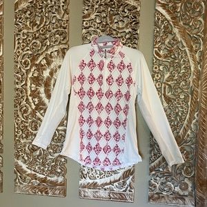 Women's White and Red Patterned Long Sleeve Top